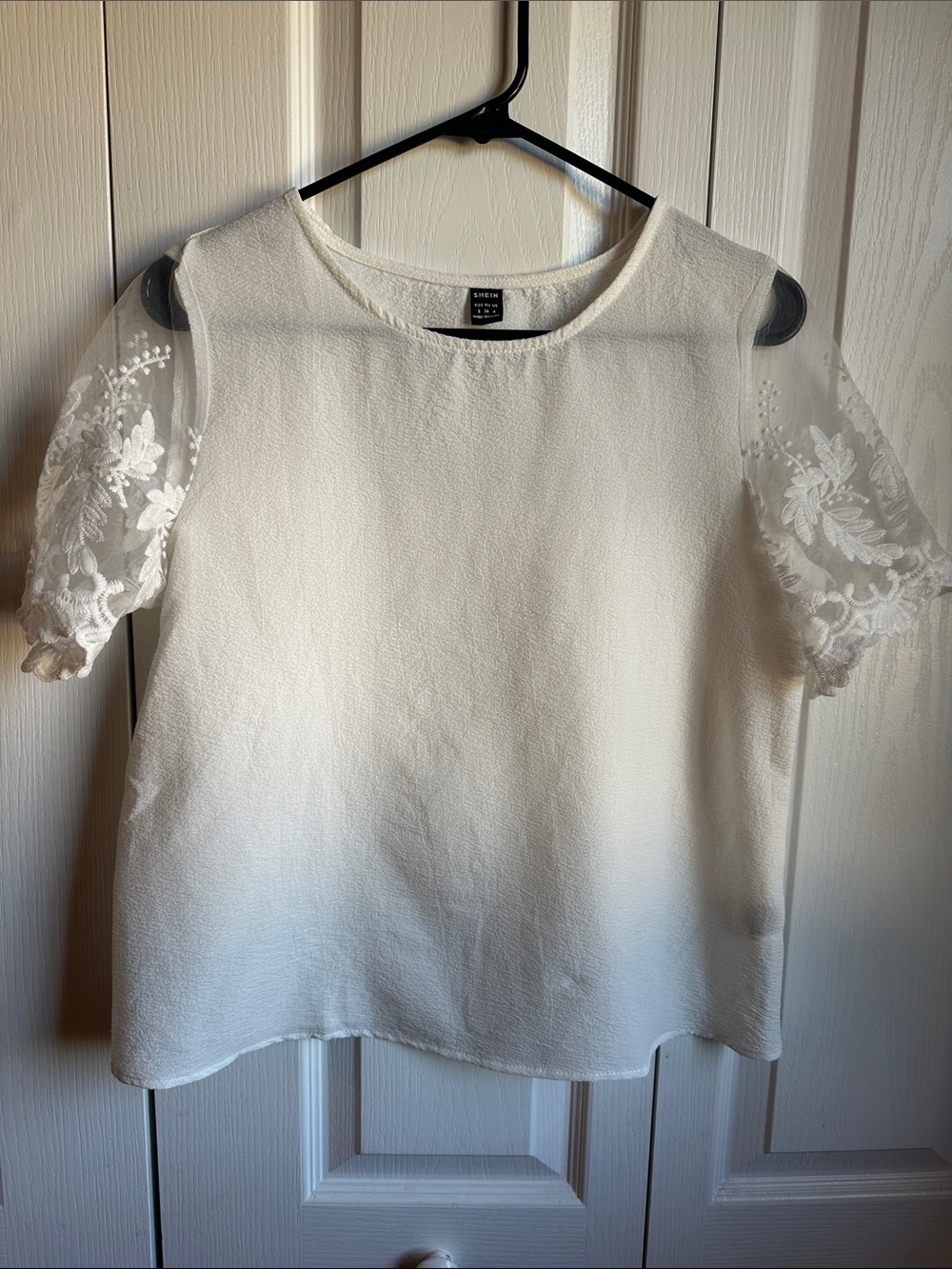 SHEIN White Short Sleeve Floral Embroidered Mesh Blouse